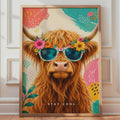 Highland Cow Sunglasses Poster, Floral Crown, Pop Art Wall Art (A4)