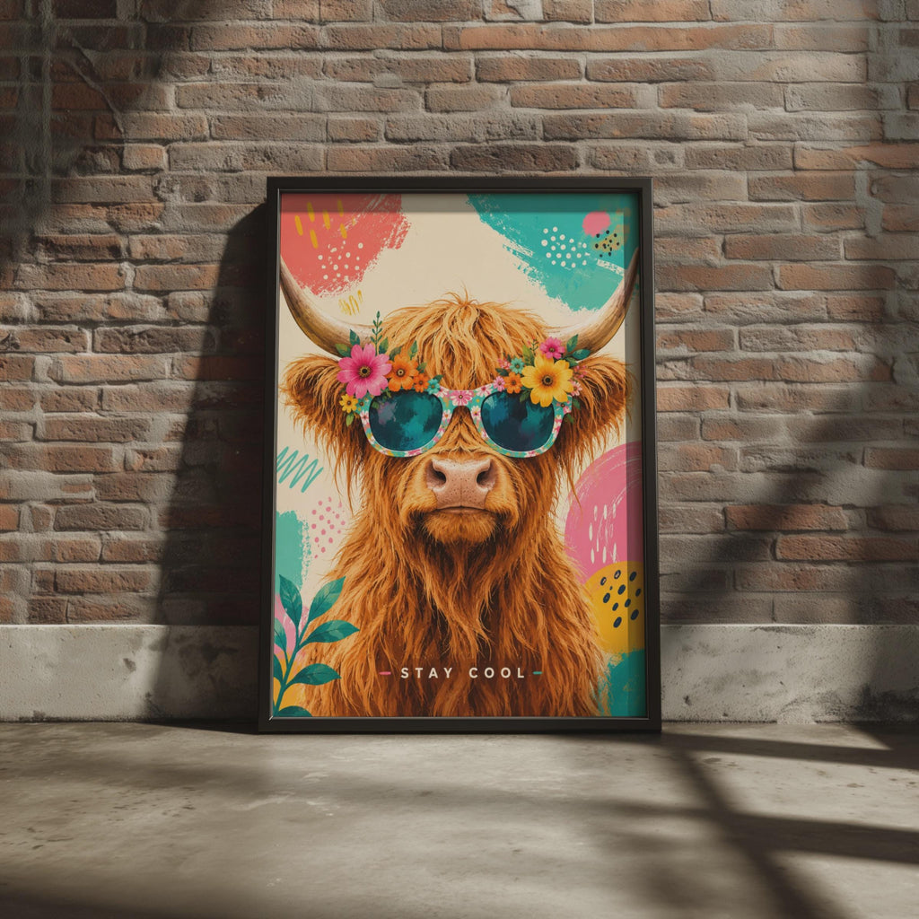 Highland Cow Sunglasses Poster, Floral Crown, Pop Art Wall Art (A4)