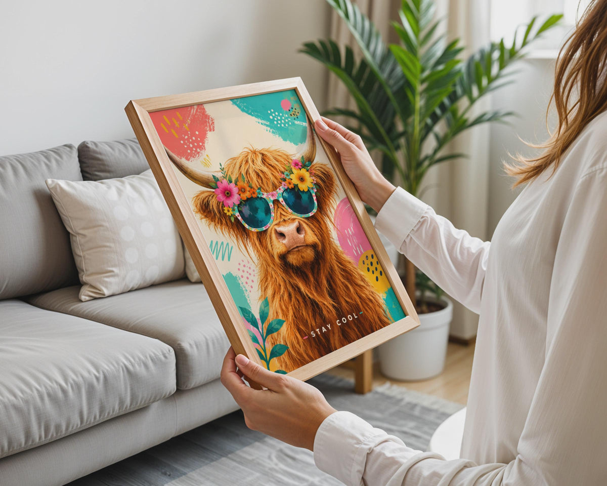 Highland Cow Sunglasses Poster, Floral Crown, Pop Art Wall Art (A4)