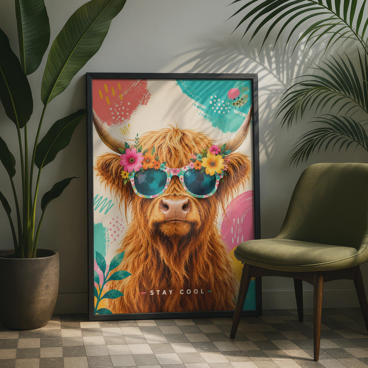 Highland Cow Sunglasses Poster, Floral Crown, Pop Art Wall Art (A4)