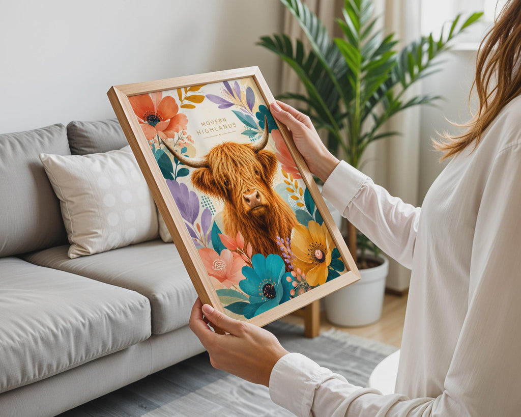 Modern Highlands Cow Floral Print, Botanical Animal Wall Art (Digital Download)