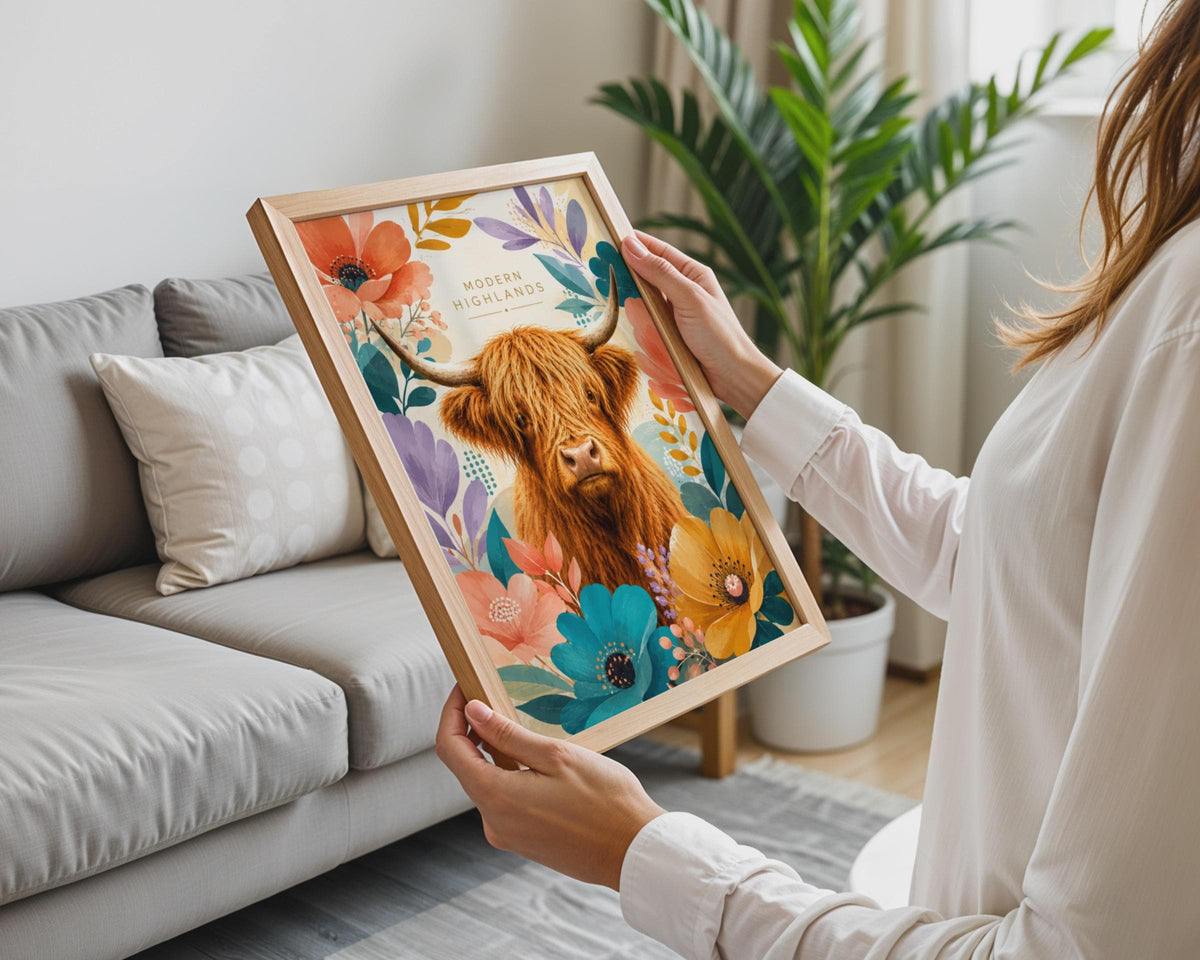 Modern Highlands Cow Floral Print, Botanical Animal Wall Art (Digital Download)