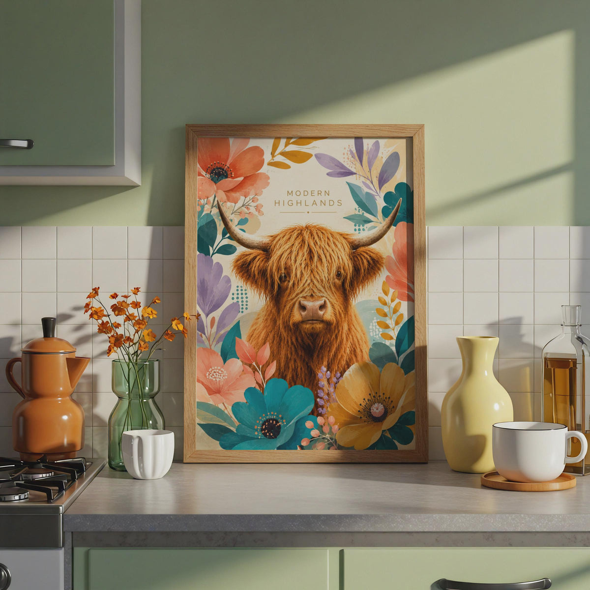 Modern Highlands Cow Floral Print, Botanical Animal Wall Art (Digital Download)