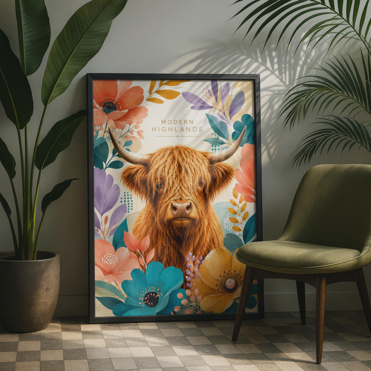 Modern Highlands Cow Floral Print, Botanical Animal Wall Art (Digital Download)