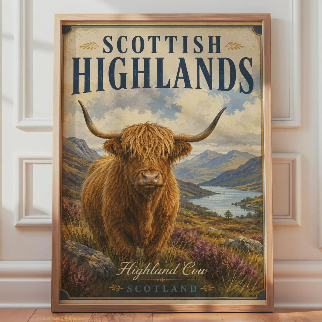 Scottish Highlands Highland Cow Poster, Vintage Scotland Travel Wall Art Print