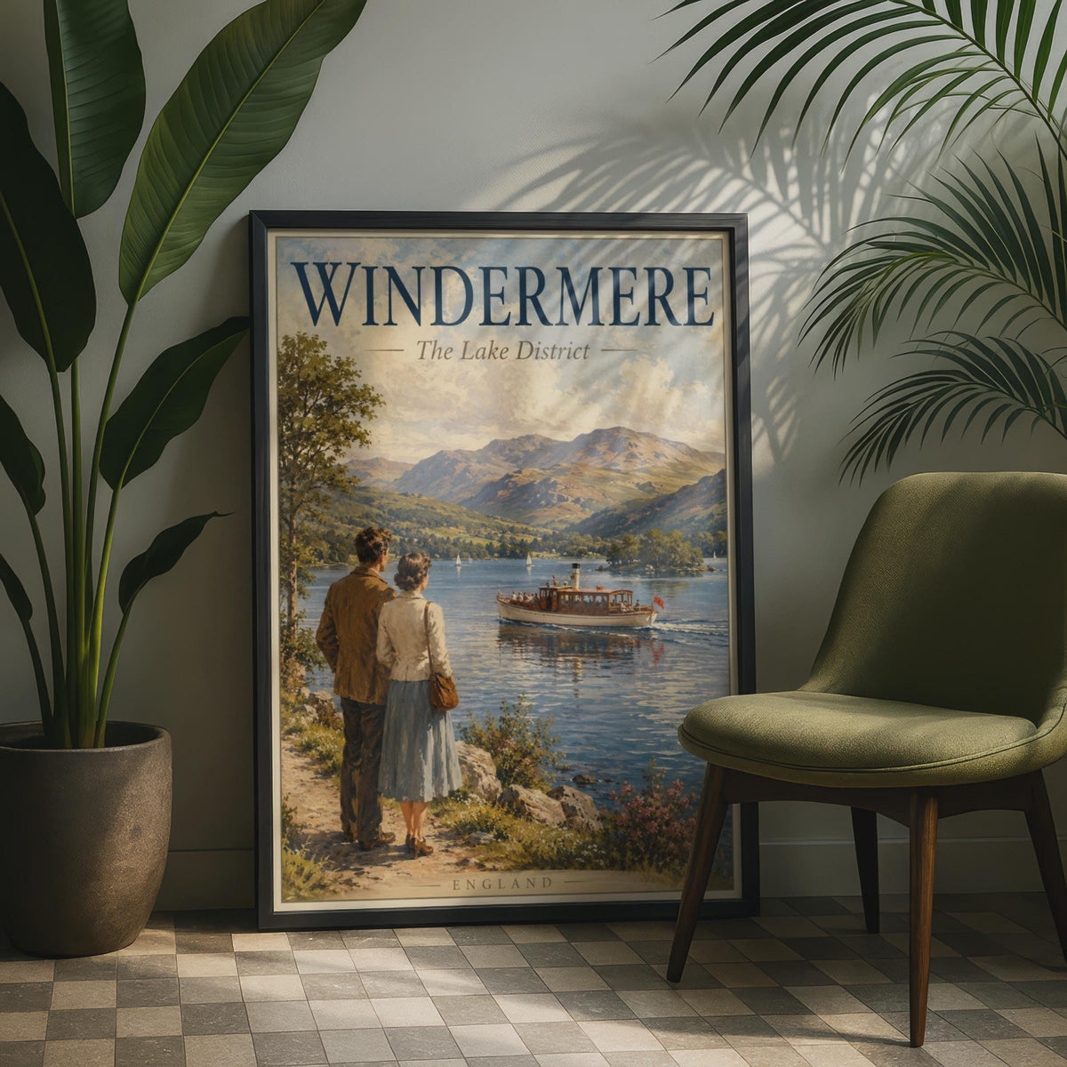 Windermere Lake District Vintage Travel Poster, England Retro Wall Art Print
