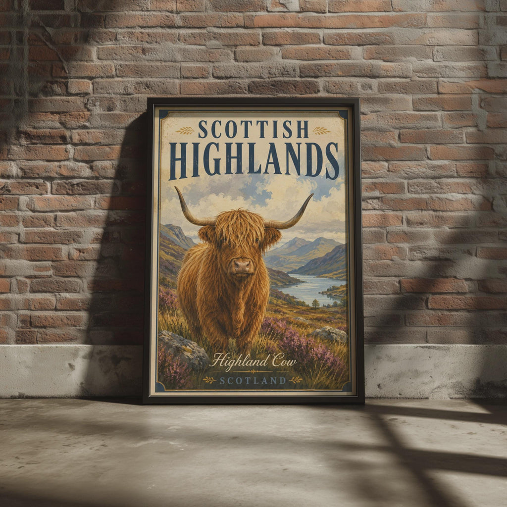 Scottish Highlands Highland Cow Poster, Vintage Scotland Travel Wall Art Print