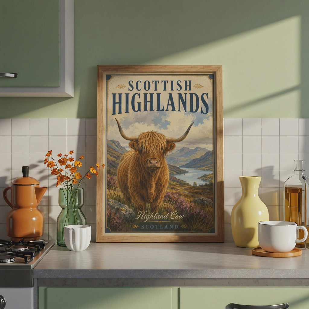 Scottish Highlands Highland Cow Poster, Vintage Scotland Travel Wall Art Print