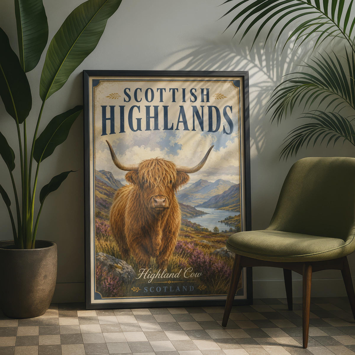 Scottish Highlands Highland Cow Poster, Vintage Scotland Travel Wall Art Print