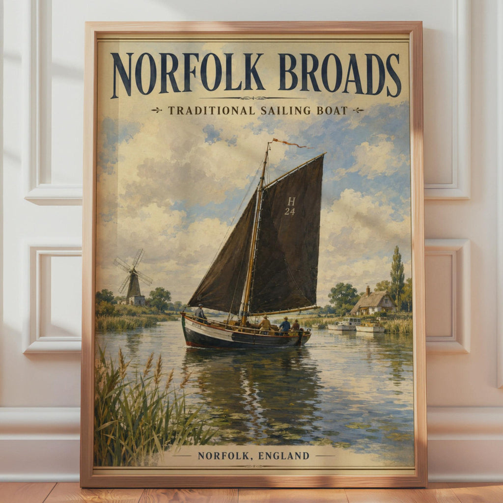 Norfolk Broads Poster, Traditional Sailing Boat Print, Vintage England Wall Art