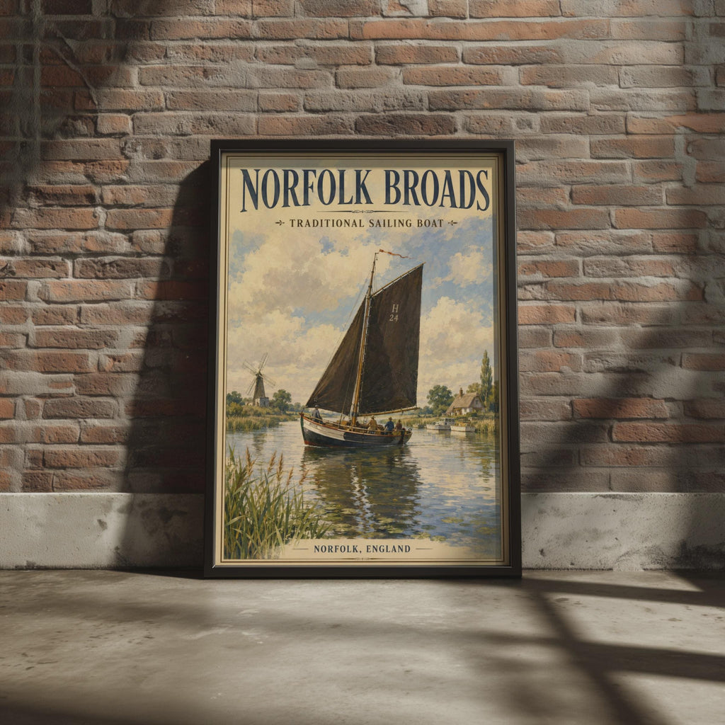 Norfolk Broads Poster, Traditional Sailing Boat Print, Vintage England Wall Art