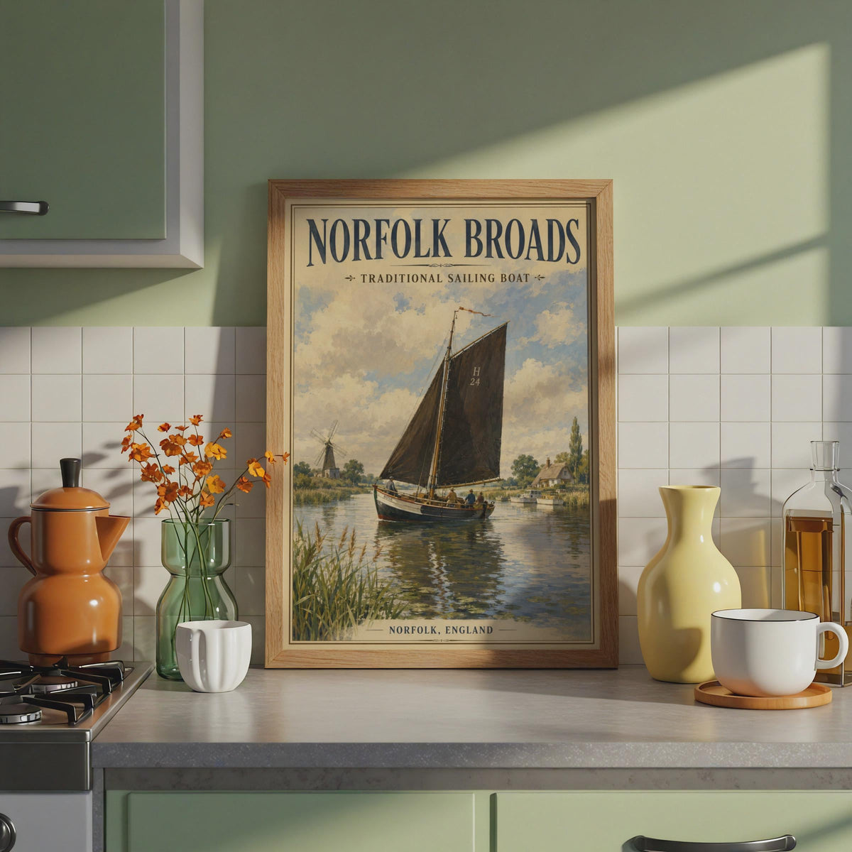 Norfolk Broads Poster, Traditional Sailing Boat Print, Vintage England Wall Art
