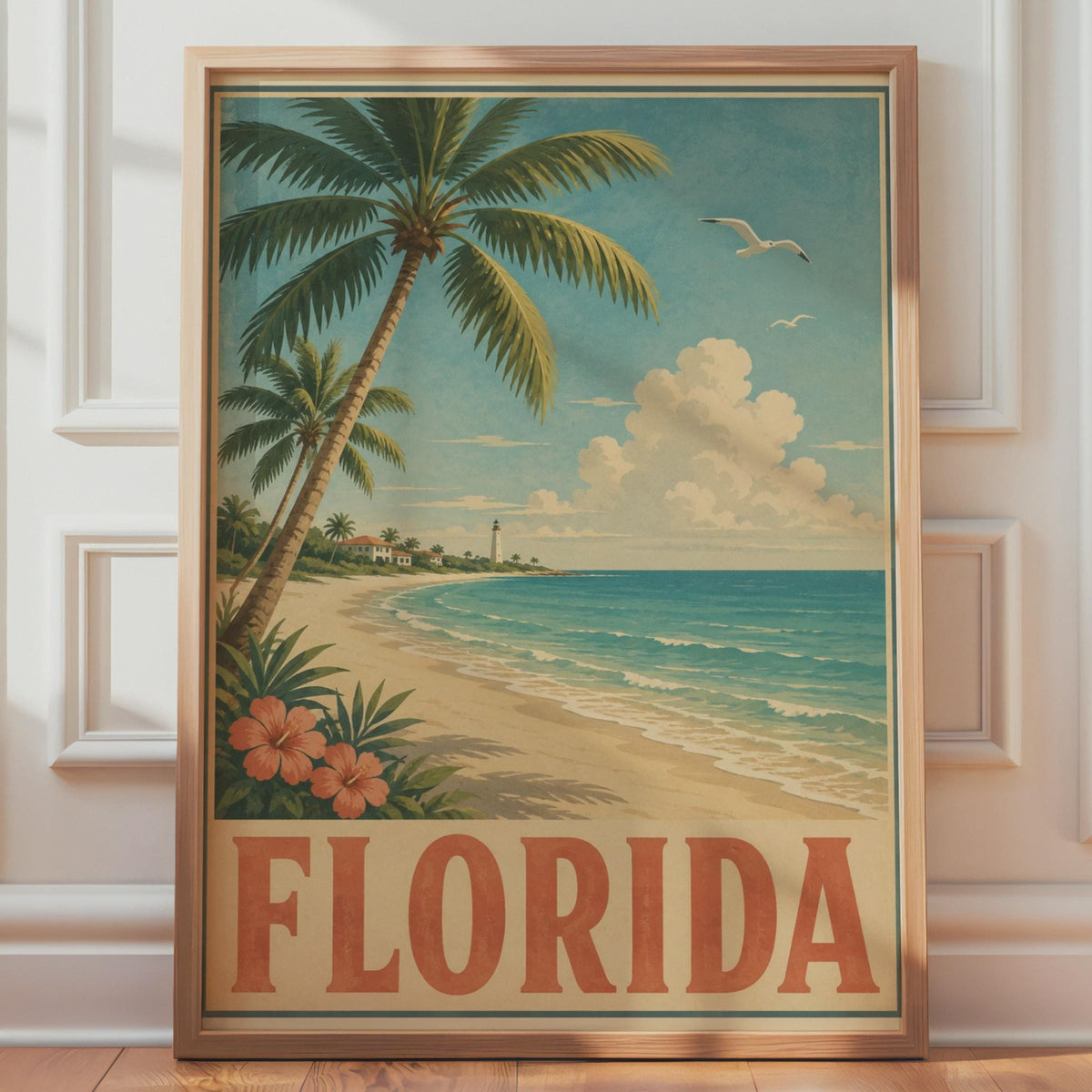 Florida Vintage Beach Poster, Retro Travel Print, Palm Tree Coastal Wall Art Gift