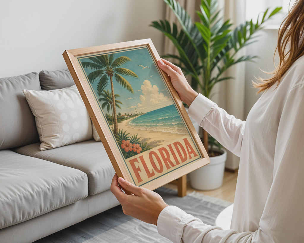 Florida Vintage Beach Poster, Retro Travel Print, Palm Tree Coastal Wall Art Gift