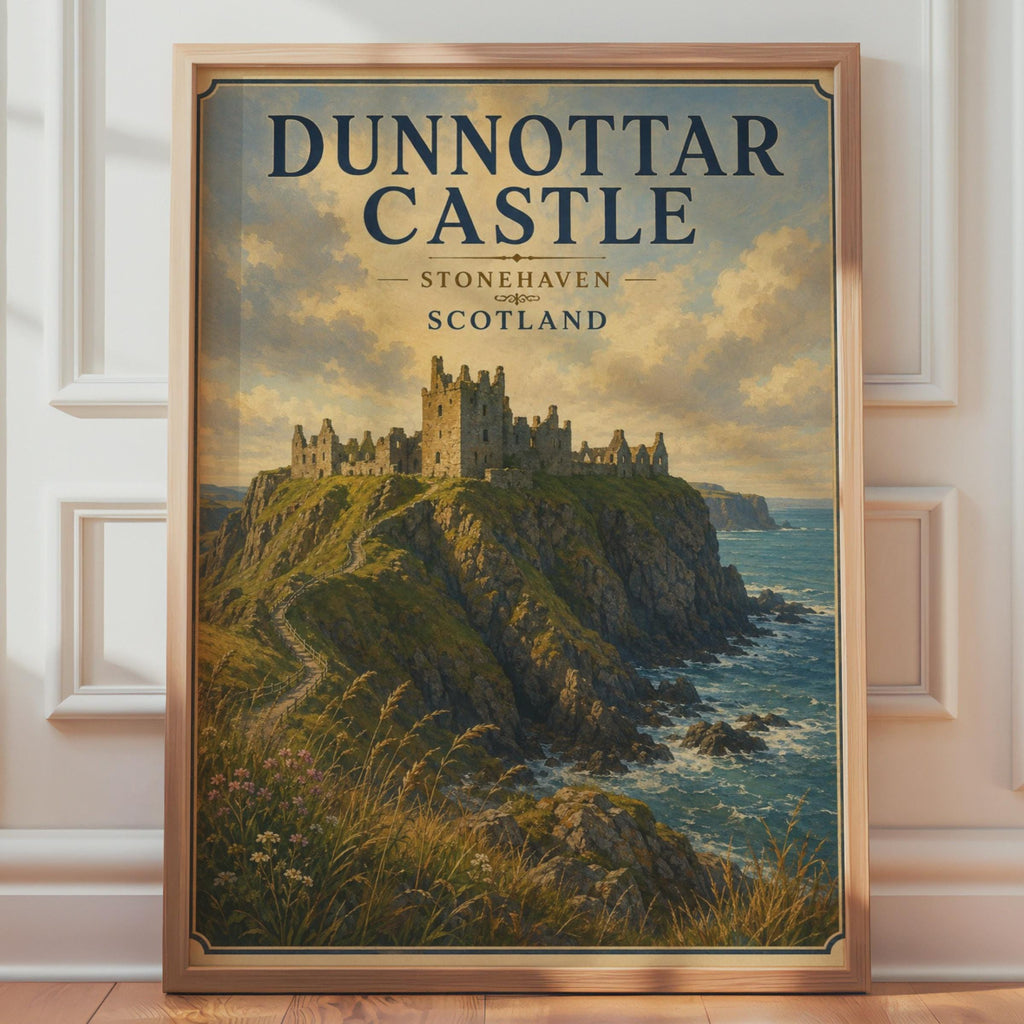 Dunnottar Castle Print, Stonehaven Scotland Poster, Scottish Coastal Wall Art, Vintage Travel Style