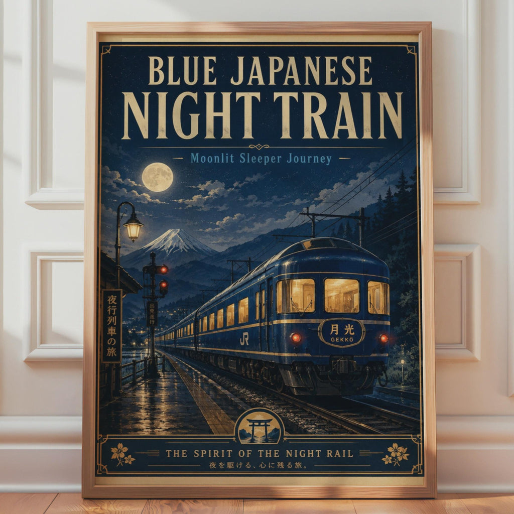 Japanese Night Train Poster, Blue Retro Japan Rail Wall Art, Mount Fuji Print