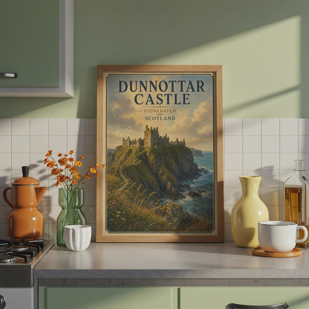 Dunnottar Castle Print, Stonehaven Scotland Poster, Scottish Coastal Wall Art, Vintage Travel Style