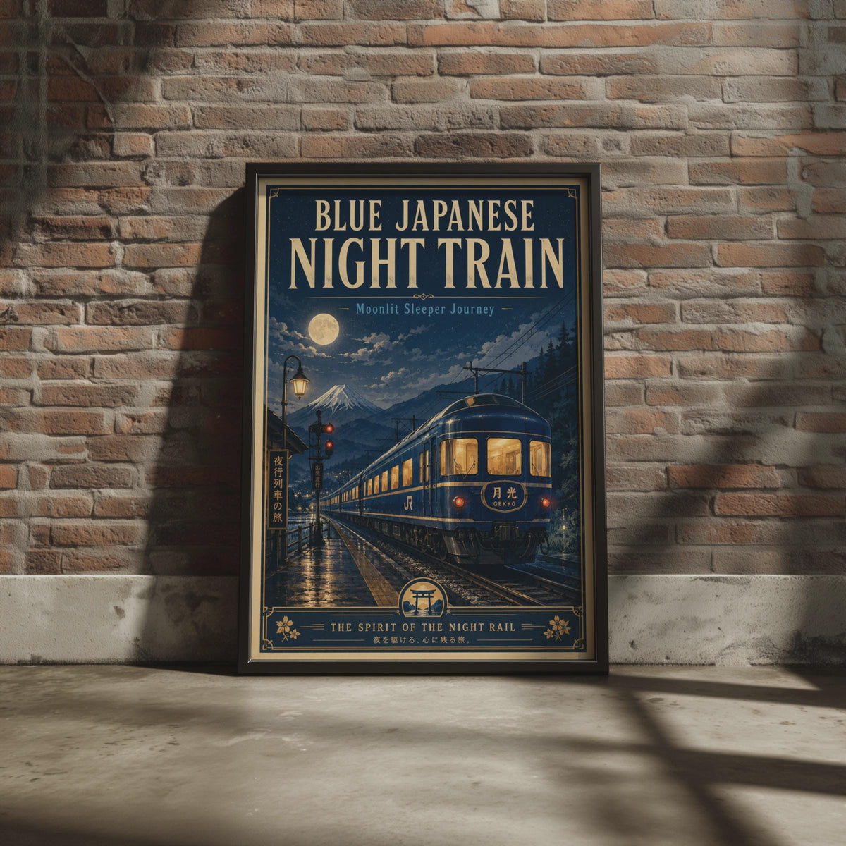 Japanese Night Train Poster, Blue Retro Japan Rail Wall Art, Mount Fuji Print