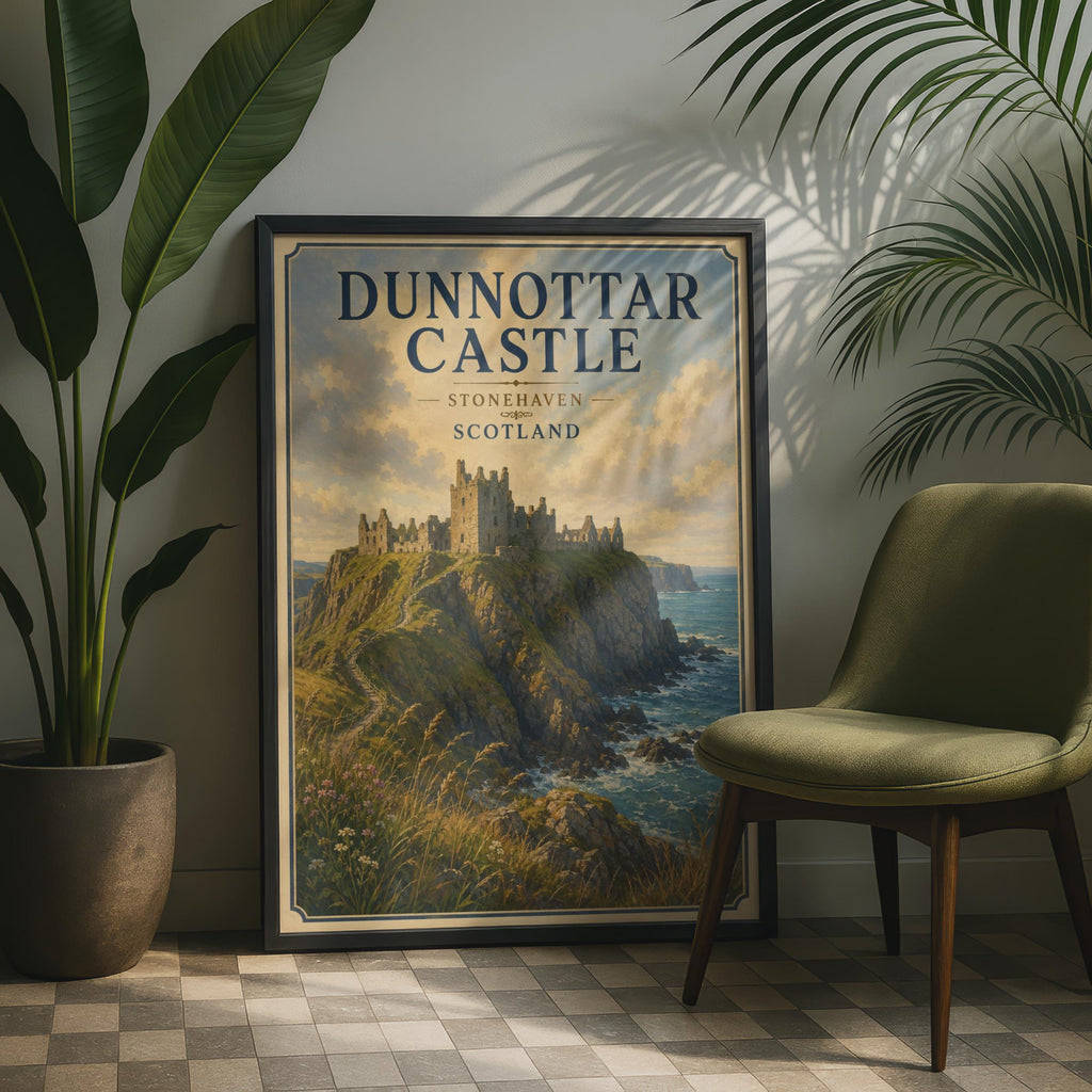 Dunnottar Castle Print, Stonehaven Scotland Poster, Scottish Coastal Wall Art, Vintage Travel Style