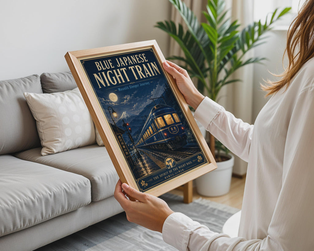 Japanese Night Train Poster, Blue Retro Japan Rail Wall Art, Mount Fuji Print