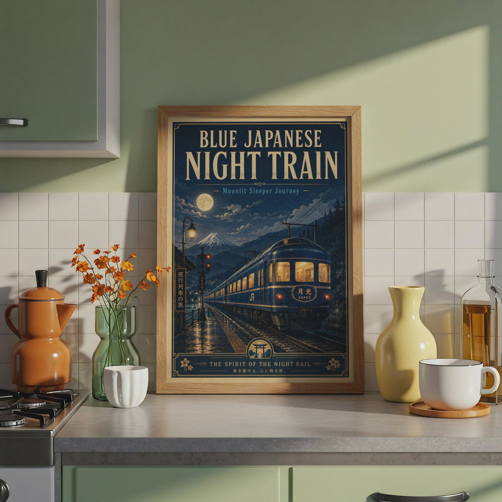 Japanese Night Train Poster, Blue Retro Japan Rail Wall Art, Mount Fuji Print
