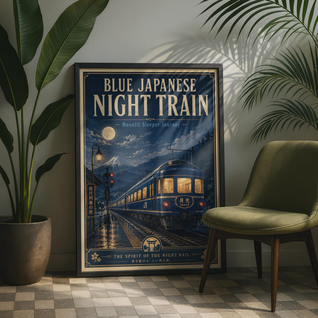 Japanese Night Train Poster, Blue Retro Japan Rail Wall Art, Mount Fuji Print