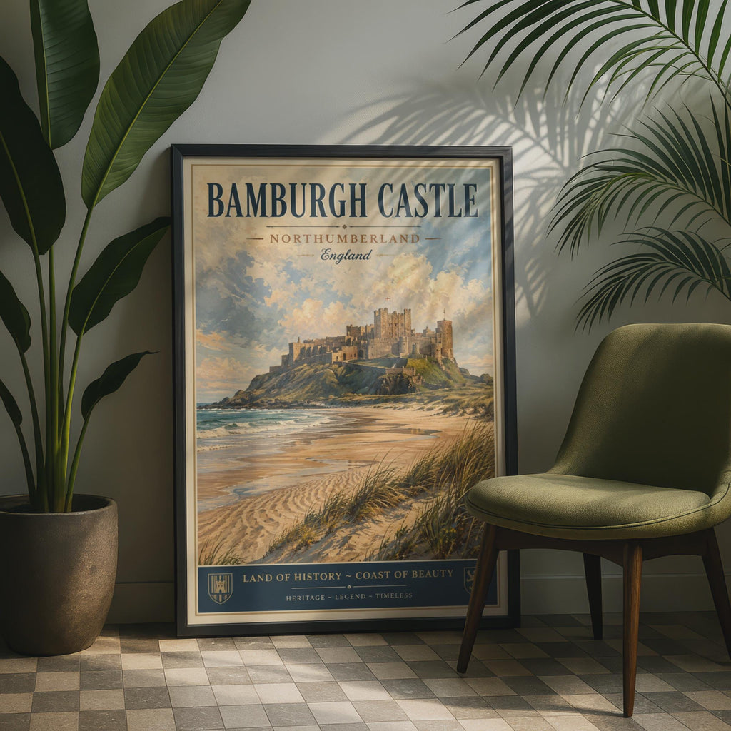 Bamburgh Castle Poster, Northumberland England, Vintage Travel Wall Art Print