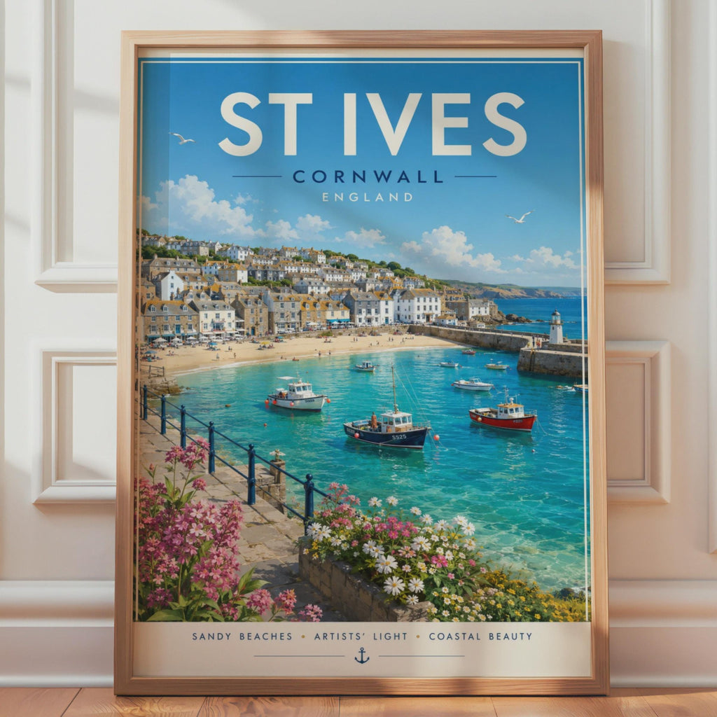 St Ives Cornwall Travel Poster, Retro Seaside Wall Art Print, Harbour Beach Decor