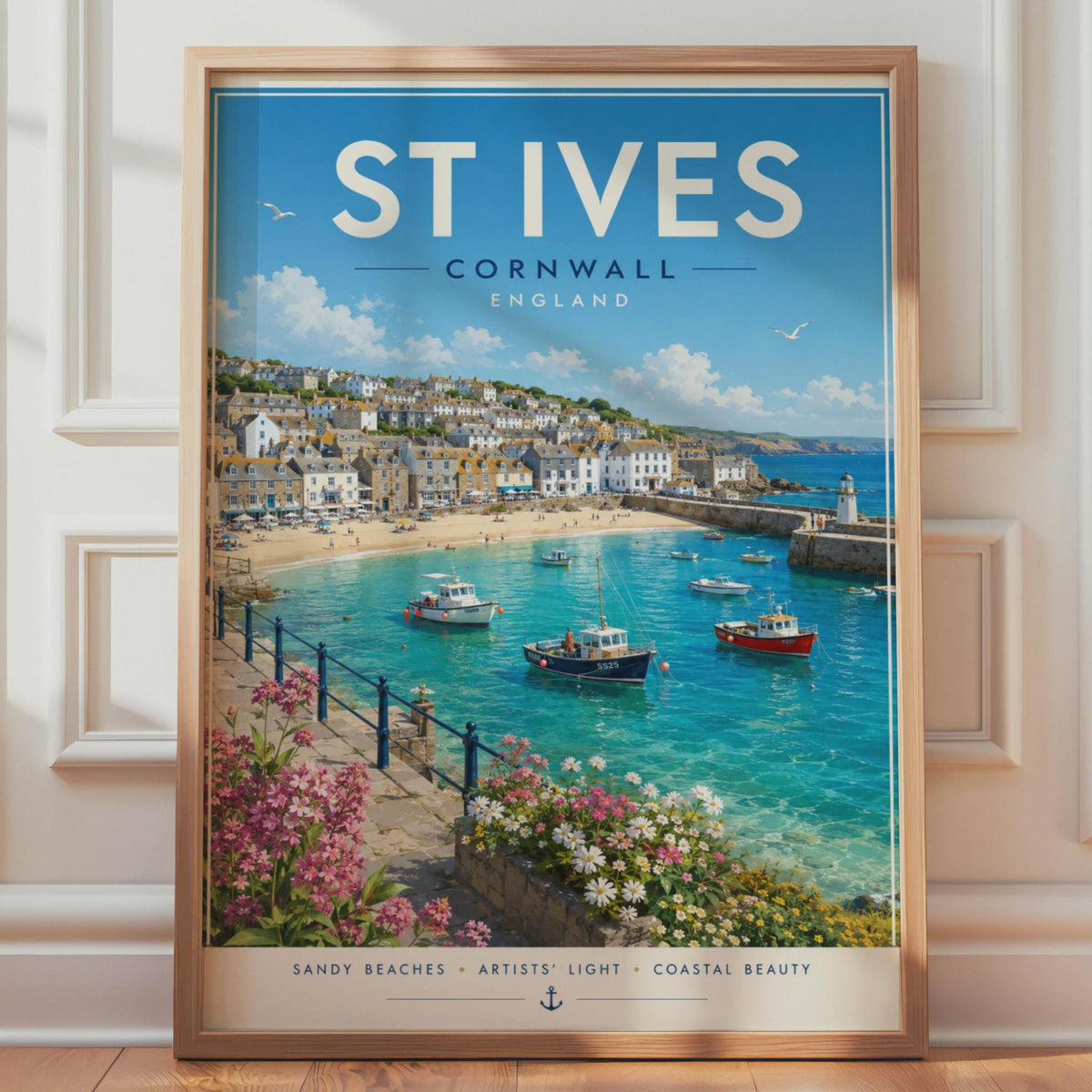 St Ives Cornwall Travel Poster, Retro Seaside Wall Art Print, Harbour Beach Decor