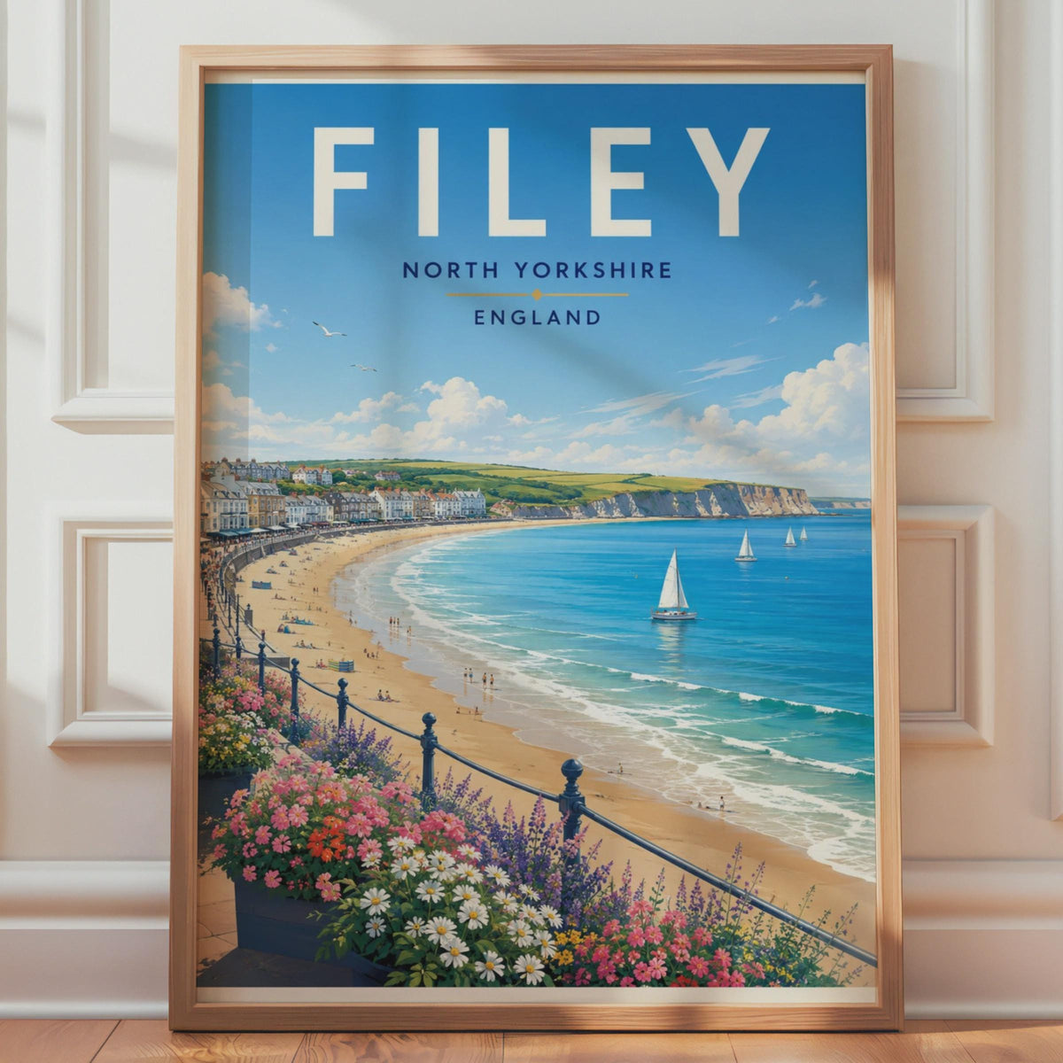 Filey North Yorkshire Seaside Travel Poster, Retro Coastal Beach Wall Art