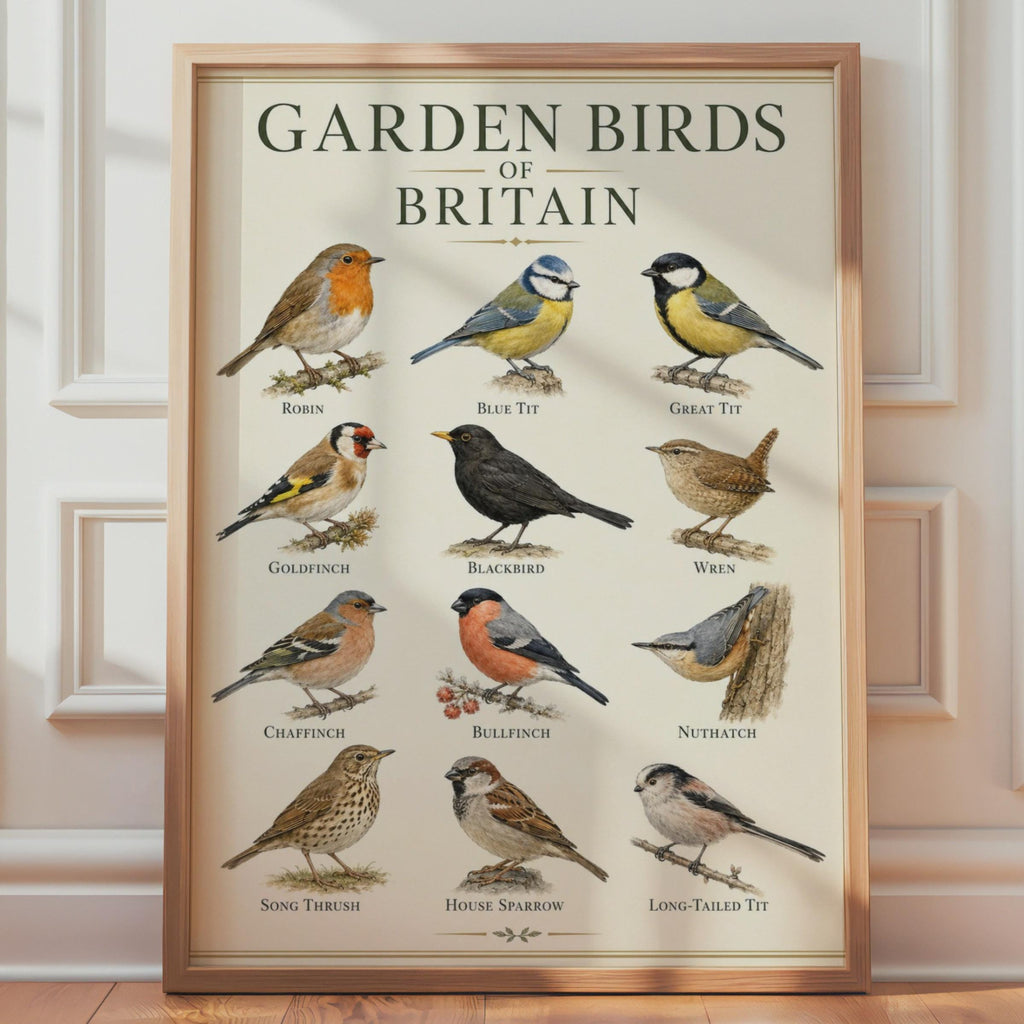 British Garden Birds Identification Chart, Wildlife Wall Art Print