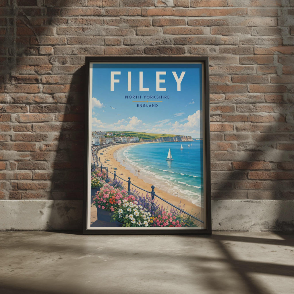 Filey North Yorkshire Seaside Travel Poster, Retro Coastal Beach Wall Art