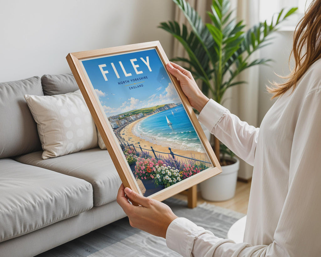 Filey North Yorkshire Seaside Travel Poster, Retro Coastal Beach Wall Art