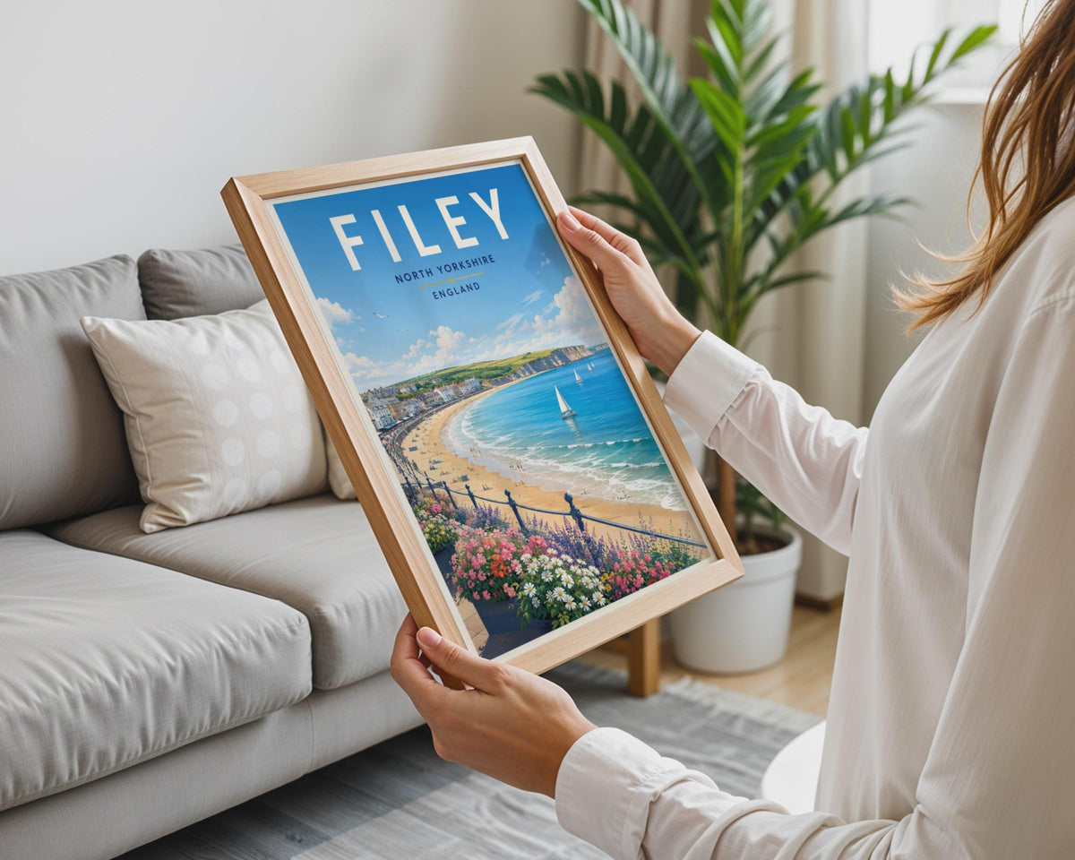 Filey North Yorkshire Seaside Travel Poster, Retro Coastal Beach Wall Art