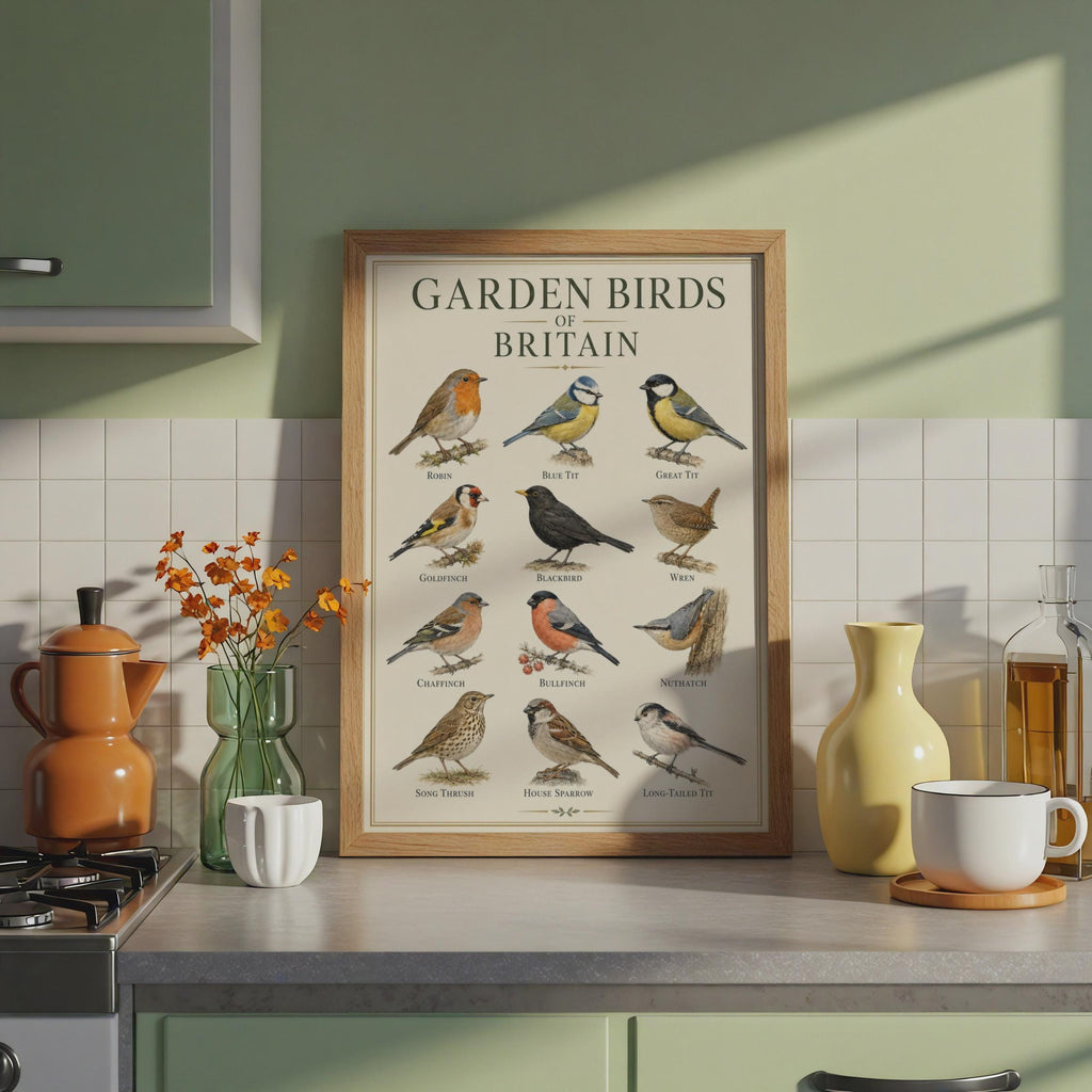 British Garden Birds Identification Chart, Wildlife Wall Art Print