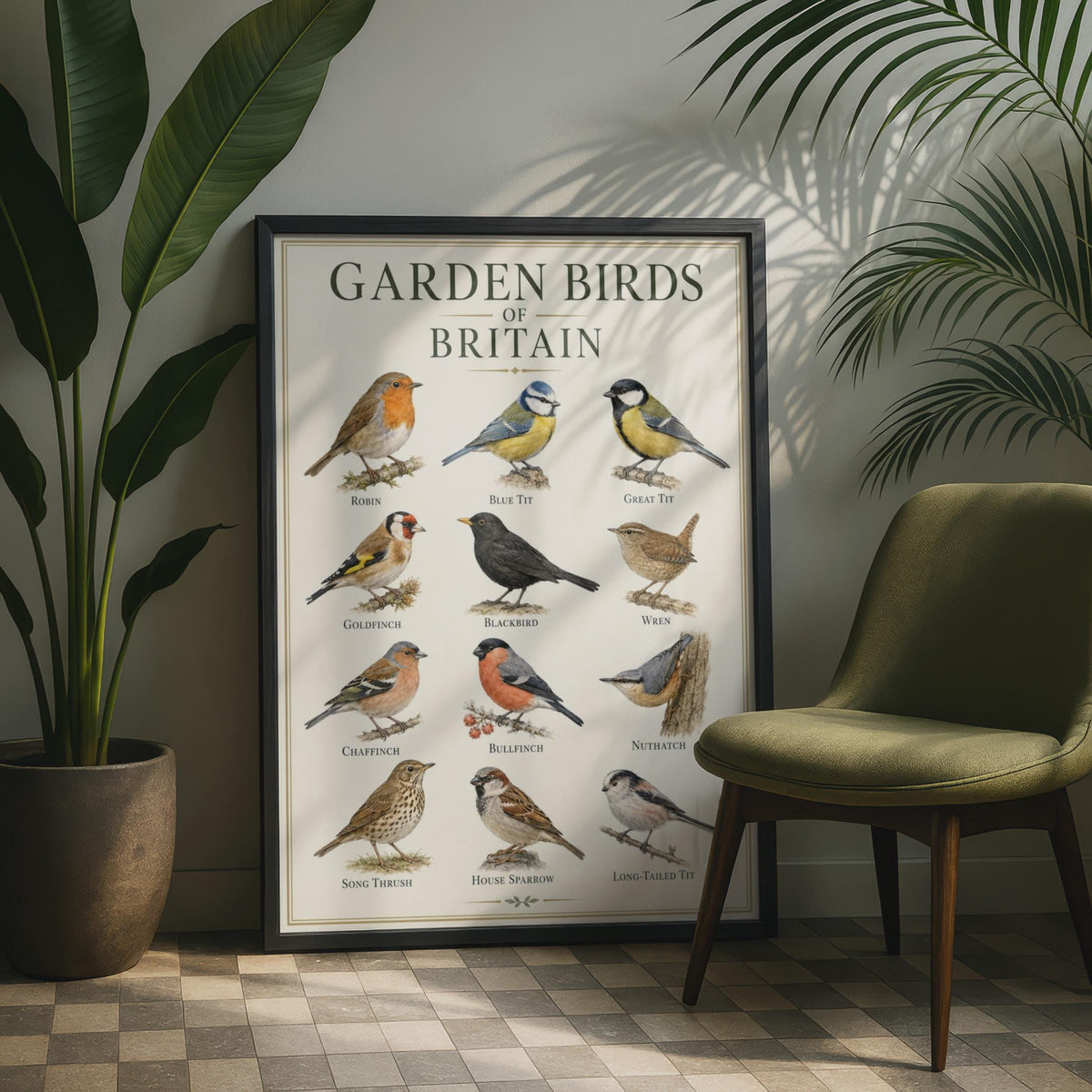 British Garden Birds Identification Chart, Wildlife Wall Art Print