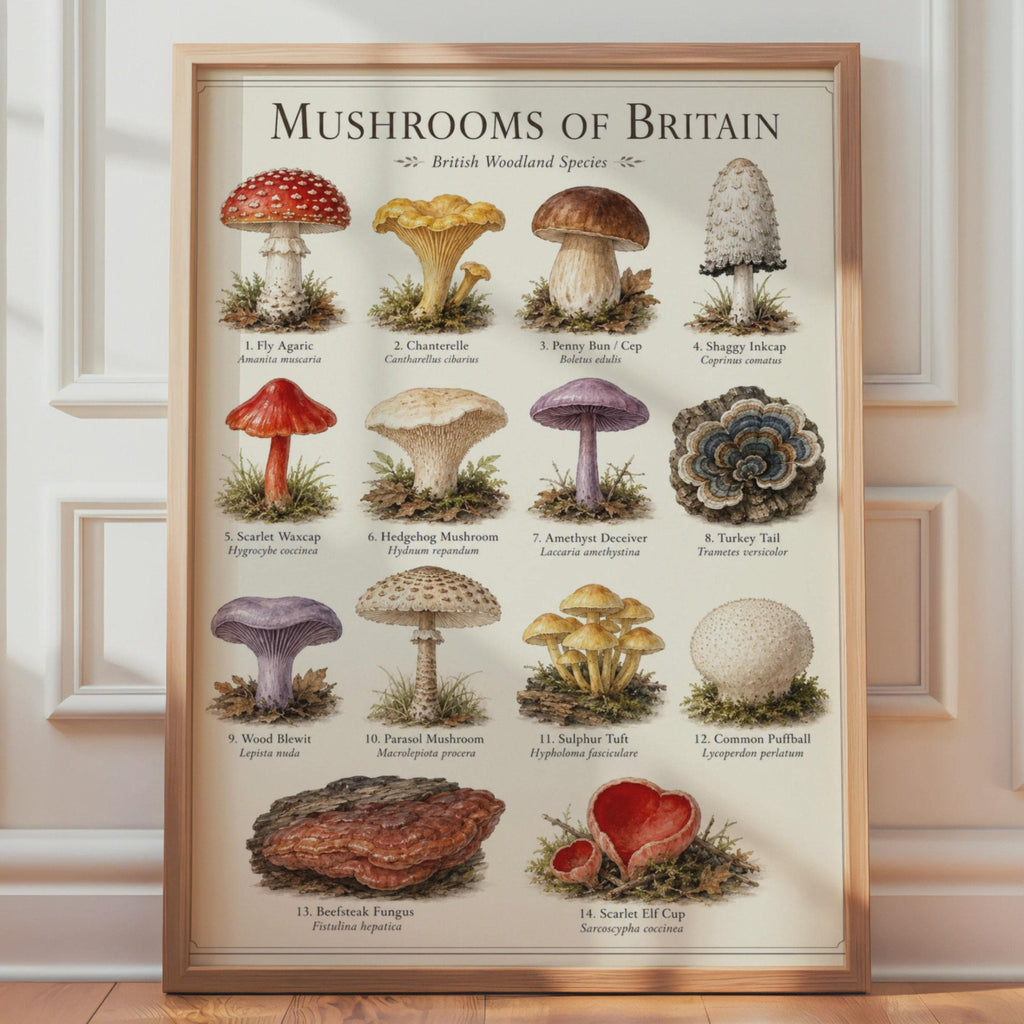 British Woodland Mushrooms Chart, Watercolour Fungi Illustration, Nature Wall Art Print