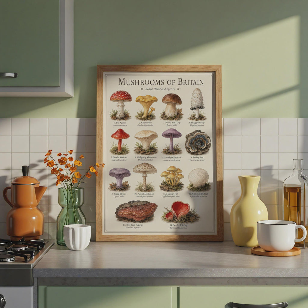 British Woodland Mushrooms Chart, Watercolour Fungi Illustration, Nature Wall Art Print