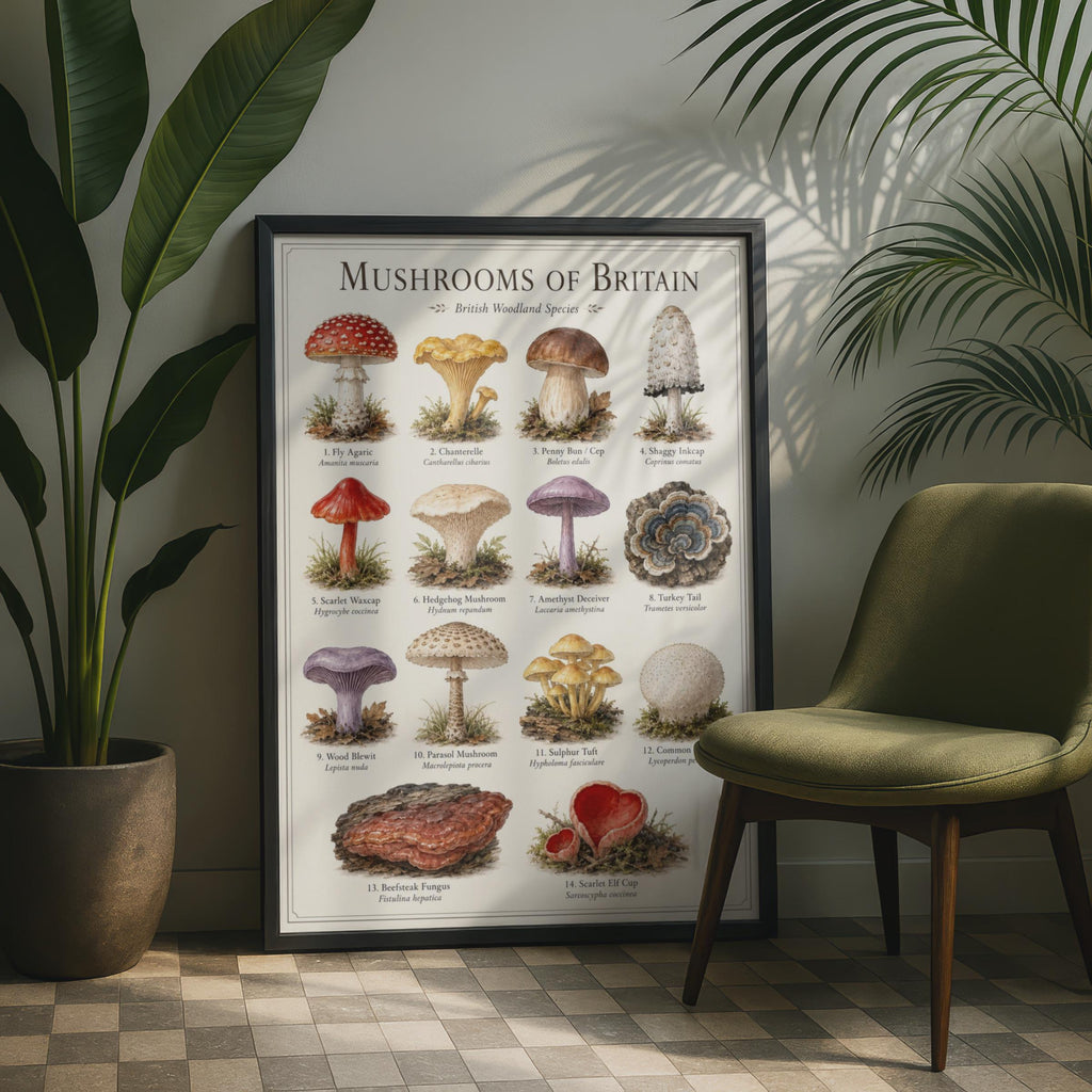 British Woodland Mushrooms Chart, Watercolour Fungi Illustration, Nature Wall Art Print