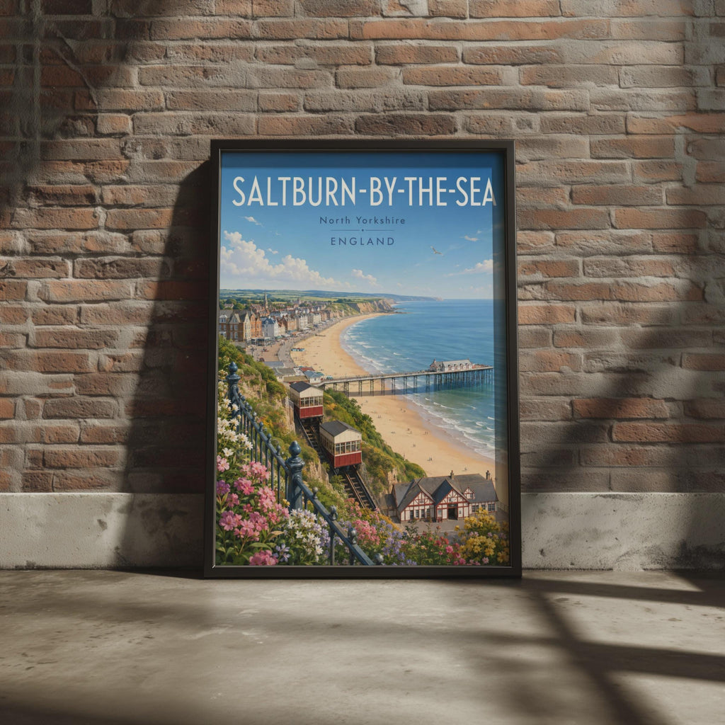 Saltburn-by-the-Sea Print, North Yorkshire Cliff Tramway, Retro Seaside Wall Art