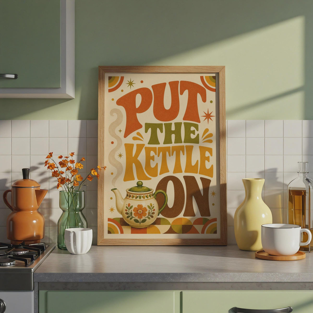 Retro Tea Poster, 70s Kitchen Wall Art, Groovy Typography Print, Boho Home Decor