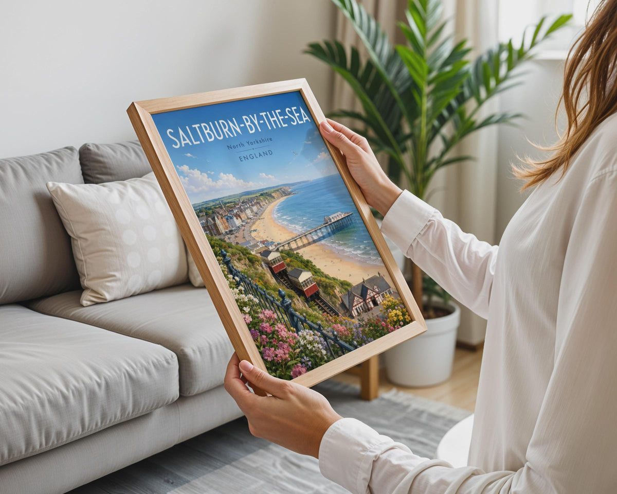 Saltburn-by-the-Sea Print, North Yorkshire Cliff Tramway, Retro Seaside Wall Art