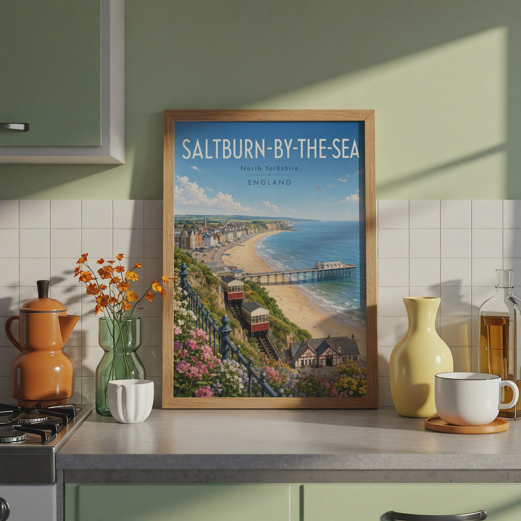 Saltburn-by-the-Sea Print, North Yorkshire Cliff Tramway, Retro Seaside Wall Art