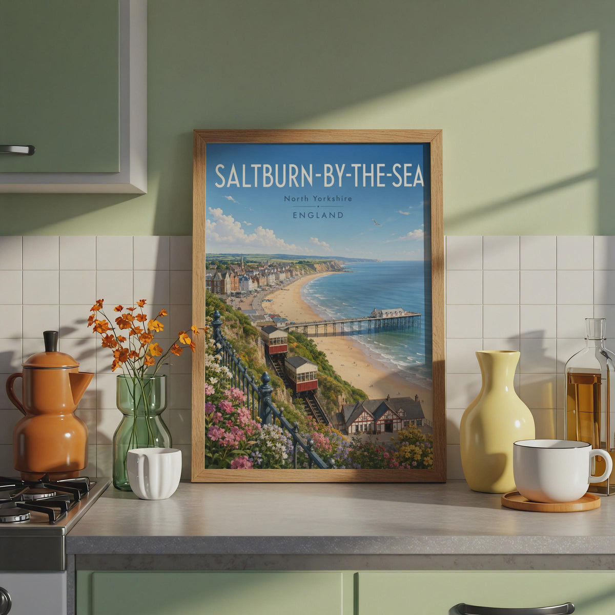 Saltburn-by-the-Sea Print, North Yorkshire Cliff Tramway, Retro Seaside Wall Art