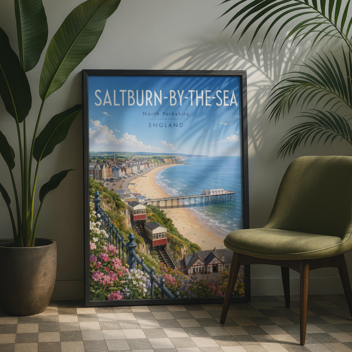 Saltburn-by-the-Sea Print, North Yorkshire Cliff Tramway, Retro Seaside Wall Art