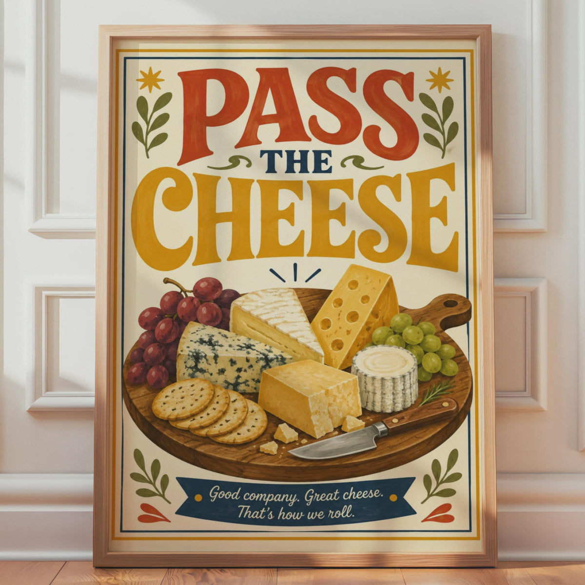Pass The Cheese Retro Kitchen Print, Cheeseboard Charcuterie Art
