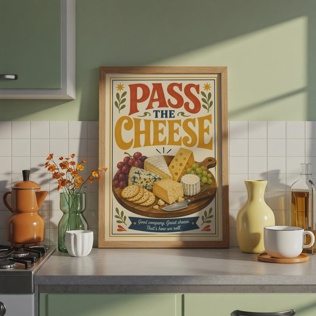 Pass The Cheese Retro Kitchen Print, Cheeseboard Charcuterie Art