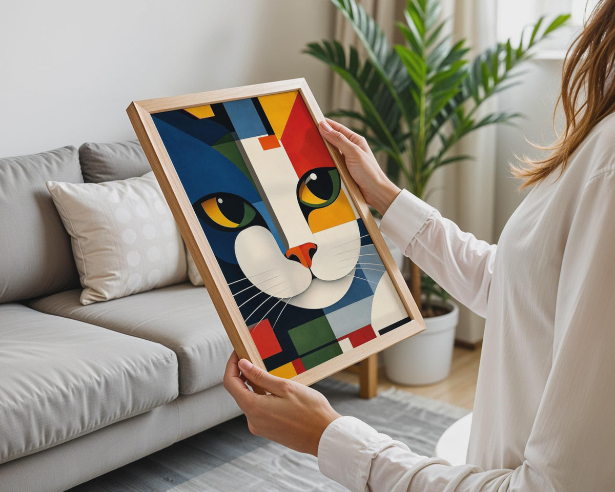 Abstract Cat Face Print, Geometric Bauhaus Wall Art, Mondrian Style Decor Print