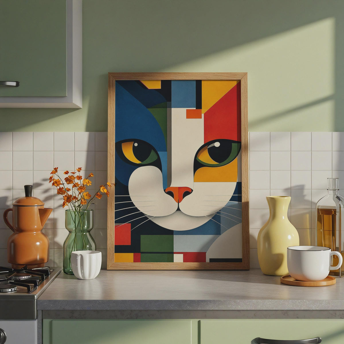 Abstract Cat Face Print, Geometric Bauhaus Wall Art, Mondrian Style Decor Print