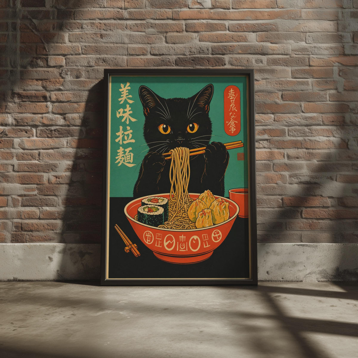 Black Cat Ramen Poster, Retro Asian Food Wall Art, Vintage Japanese Noodle Print
